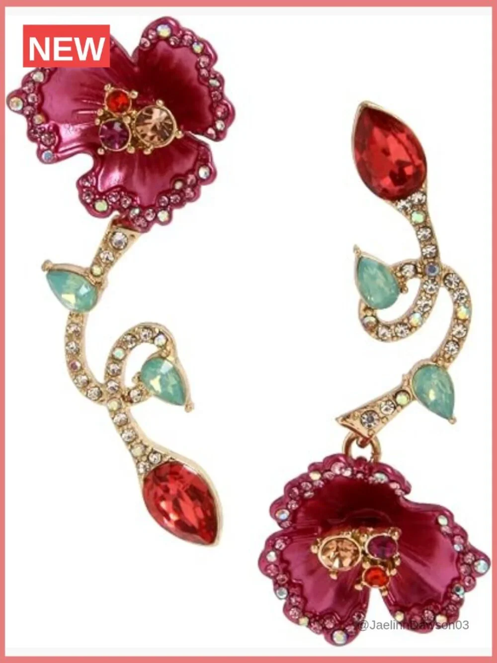 Mismatch Floral Drop Earrings Post Back Gold-Tone
